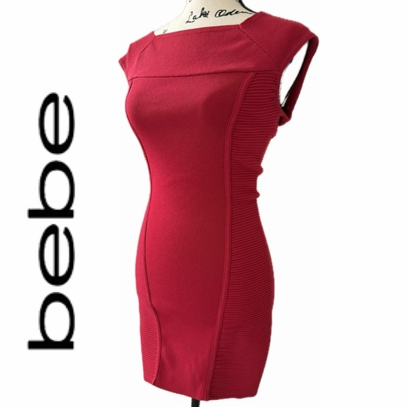 Bebe Bandage Dress Off Shoulder Red Scarlet Sz M Cherry girl Glam Preppy core - Picture 1 of 15